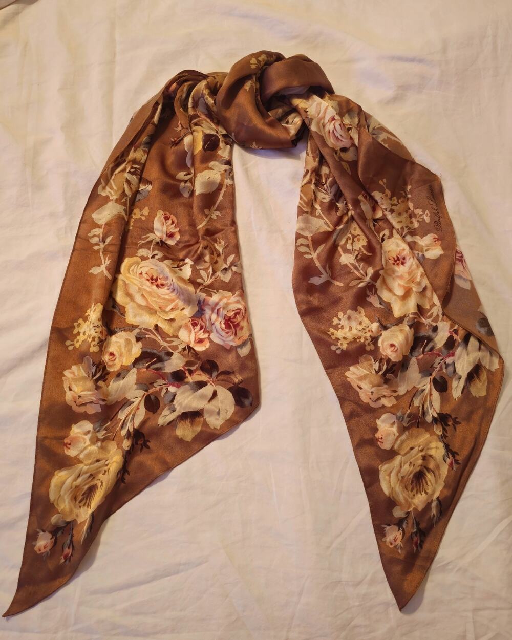 Vintage Ralph Lauren Bronze Autumnal Floral Silk Scarf, Earth Tone English...